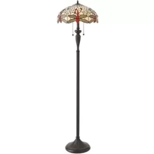 Interiors Dragonfly Beige - 2 Light Floor Lamp Dark Bronze, Beige, Tiffany Style Glass, E27