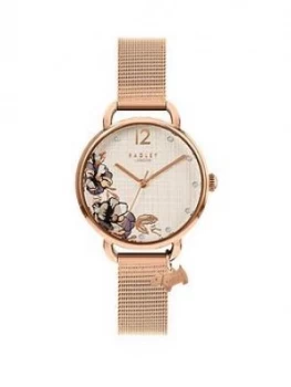 Radley Silver And Rose Gold Floral Dial With Charm Rose Gold Stainless Steel Mesh Strap Ladies Watch