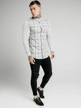 SikSilk Long Sleeve Flannel Check Grandad Shirt - Grey Marl, Size S, Men