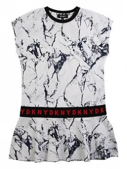 DKNY Girls Marble Print Logo Peplum Dress - White, Size 10 Years, Women