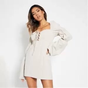 I Saw It First Woven Lace Up Puff Sleeve Mini Dress - Neutral