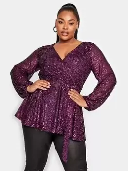 Yours Sequin Long Sleeve Wrap Top, Pink, Size 20, Women