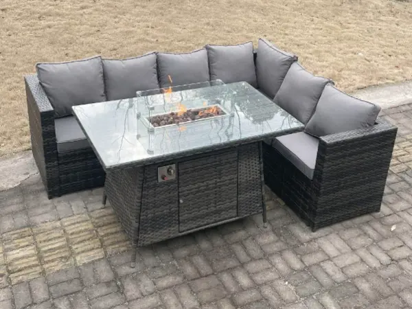 Fimous 6 Seater Outdoor Dark Grey Rattan Lounge Complete Sofa Set Right Side with Gas Fire Pit Table and Heater