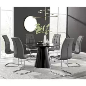 Furniturebox Palma Black Semi Gloss 120cm Round Minimalist Dining Table & 6 Grey Murano Chairs