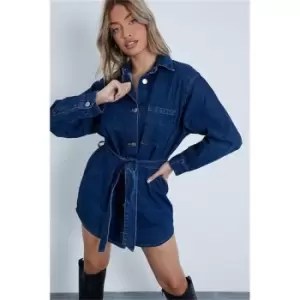 I Saw It First Dark Wash Belted Denim Shirt Dress - Blue