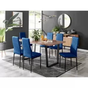 Furniture Box Kylo Brown Wood Effect Dining Table and 6 Navy Velvet Milan Black Leg Chairs