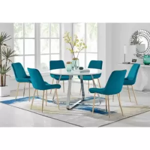 Furniture Box Santorini White Round Dining Table and 6 Blue Pesaro Gold Leg Chairs