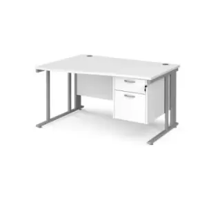 Office Desk Left Hand Wave Desk 1400mm With Pedestal White Top With Silver Frame Maestro 25 MCM14WLP2SWH