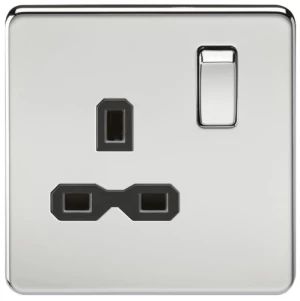 KnightsBridge 1G DP 13A Screwless Polished Chrome 230V UK 3 Pin Switched Electrical Wall Socket - Black Insert