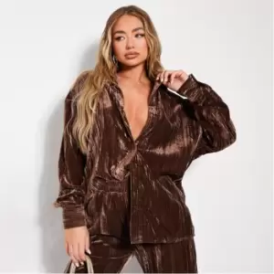 I Saw It First Co Ord Velvet Textured Oversized Shirt - Brown