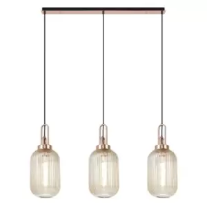 Luminosa Linear 3 Light Pendant E27 With 20cm Tubular Ribbed Glass, Champagne Copper, Matt Black