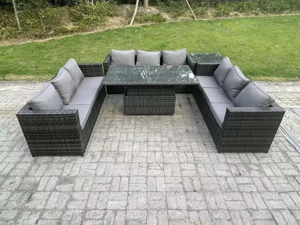 Fimous 9 Seater Outdoor Dark Grey Rattan Lounge Complete Sofa Set with Adjustable Dining Table