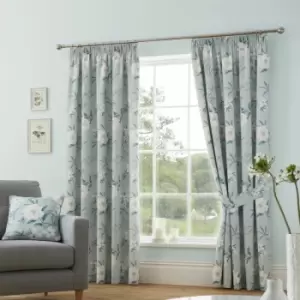 Dreams & Drapes Eve Floral Print 100% Cotton Lined Pencil Pleat Curtains, Duck Egg, 90 x 90 Inch