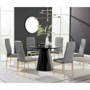 Furniture Box Palma Black Semi Gloss Round Dining Table and 6 Grey Milan Gold Leg Chairs