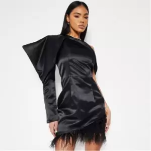 I Saw It First One Shoulder Feather Trim Mini Dress - Black