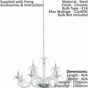 Chandelier Light Chrome Plated Steel & Clear Glass Droplets Bulb E14 12x40W