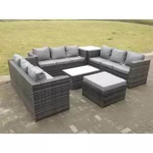 Fimous 9 Seater Outdoor Dark Grey Rattan Lounge Complete Sofa Set with Oblong Coffee Table, Side High Table, and Big Footstool