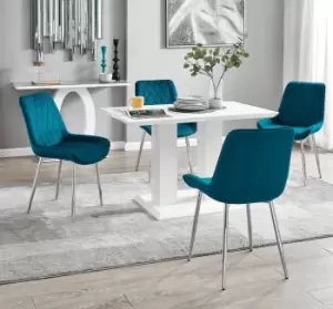 Imperia 4 Seater Modern White High Gloss Rectangular Dining Table And 4 Persaro Velvet Chairs