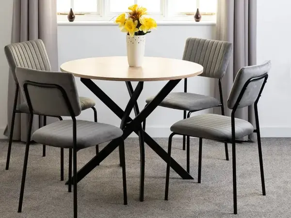 Seconique Sheldon Sonoma Oak Dining Table and 4 Grey Velvet Chairs