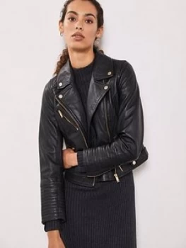 Mint Velvet Stitch Sleeve Detail Leather Biker Jacket - Black