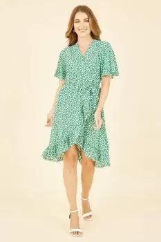 Green Ditsy Floral Frill Wrap Dress