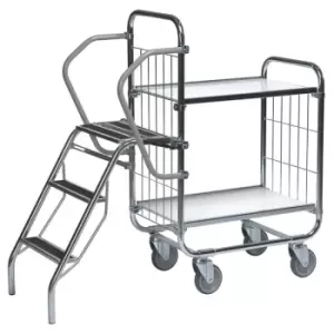 Order picking trolly with fold down steps and 3 shelves