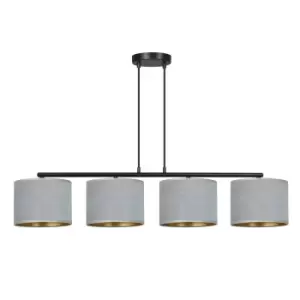 Hilde Black Bar Pendant Ceiling Light with Gray Fabric Shades, 4x E27