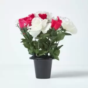 Homescapes - White & Pink Grave Artificial Flowers Roses & Rosebuds Mix in Grave Vase - Pink - Pink