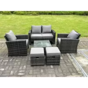 Fimous 4 Seater Outdoor Dark Grey Rattan Lounge Complete Sofa Set with Square Coffee Table and 2 Stools