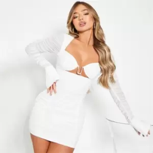 I Saw It First Mesh Long Sleeve Ruched Detail Bodycon Dress - White