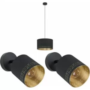 Ceiling Pendant Light & 2x Matching Wall Lights Black & Gold Patern Modern Shade