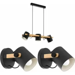 Ceiling Pendant Light & 2x Matching Wall Lights Black & Wood Adjustable Shade