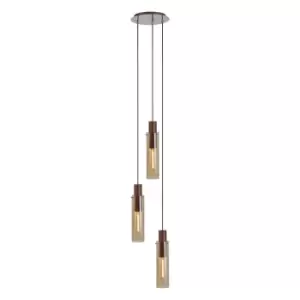 Blake Slim Round Ceiling Pendant, 3 Light Adjustable E27, Mocha, Amber Glass