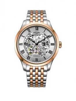 Rotary Rotary Greenwich Silver And Rose Gold Detail Skeleton Automatic Dial Two Tone Stainless Steel Bracelet Mens Watch