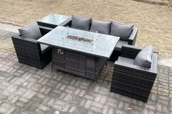 Fimous 5 Seater Outdoor Dark Grey PE Rattan Lounge Sofa Complete Set with Gas Fire Pit Table and Side Coffee Table