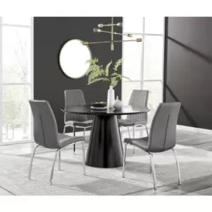 Furniturebox Palma Black Semi Gloss 120cm Round Minimalist Dining Table & 4 Grey Isco Chairs