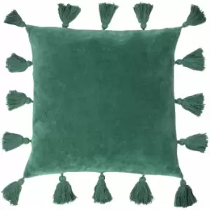 Furn Medina 100% Cotton Faux Velvet Tasselled Cushion Cover, Juniper Green, 45 x 45 Cm