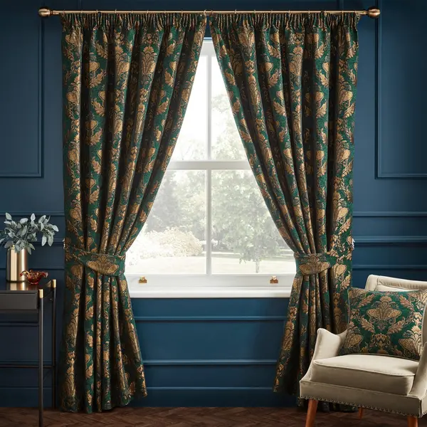 Paoletti Shiraz Traditional Jacquard Pencil Pleat Curtains Emerald