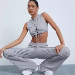 I Saw It First Lace Up Sleeveless Crop Top And Flared Trousers Co Ord Set - Grey