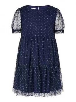 Monsoon Girls Glitter Spot Tier Dress - Navy, Size 5 Years, Women