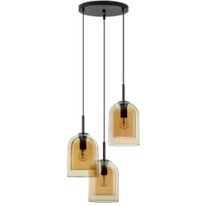 Merano - Jurupa 3 Light Cluster Pendant Ceiling Light Dark Champagne Glass Black Cord Black Metal Base LED E27