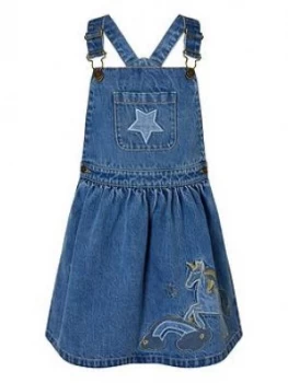 Monsoon Girls Denim Unicorn Pinny Dress - Blue Size 8 Years, Women