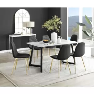 Furniturebox UK - Furniturebox Carson White Marble Effect Rectangular 160cm Dining Table & 6 Black Corona Faux Leather Dining Chairs with Gold Legs