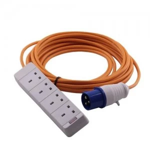 Zexum 16A 230V Orange Male to 4 Gang Hook Up Extension Cable Lead - 15m