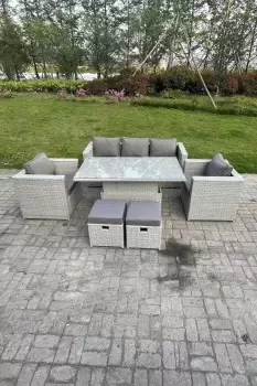 Fimous 5 Seater Outdoor Light Grey Rattan Lounge Complete Sofa Set with Adjustable Table and 2 Stools