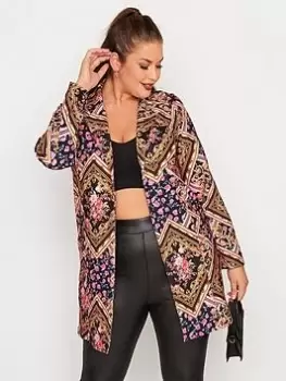 Yours Scarf Print Floral Blazer - Navy Blue/Brown, Black, Size 20, Women