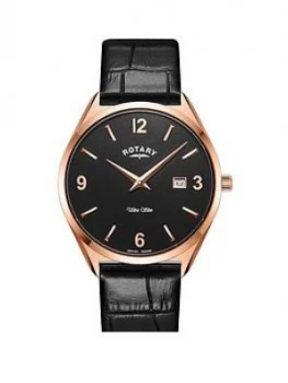 Rotary Rotary Black Dial Rose Tone Bezel Black Leather Strap Watch