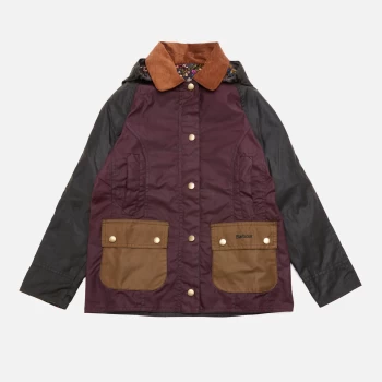 Barbour Girls Hooded Beadnell Wax Jacket - Fern/Bordeaux/Sand/Fuchsia Secret Garden - L (10-11 Years)