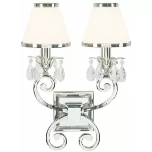 Loops - Esher Luxury Twin Curved Arm Traditional Wall Light Nickel Crystal White Shade