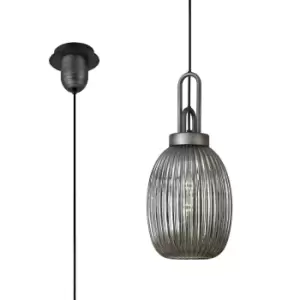 Yorktown Ceiling Pendant E27 20cm Almond Ribbed Glass, Smoked Black, Aged Pewter